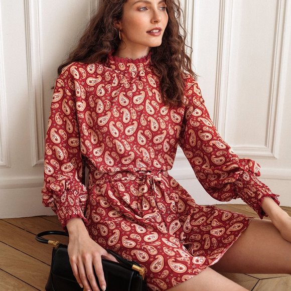 Dresses & Skirts - New Frenchy Paisley Print Shirred Cuff Belted Dress